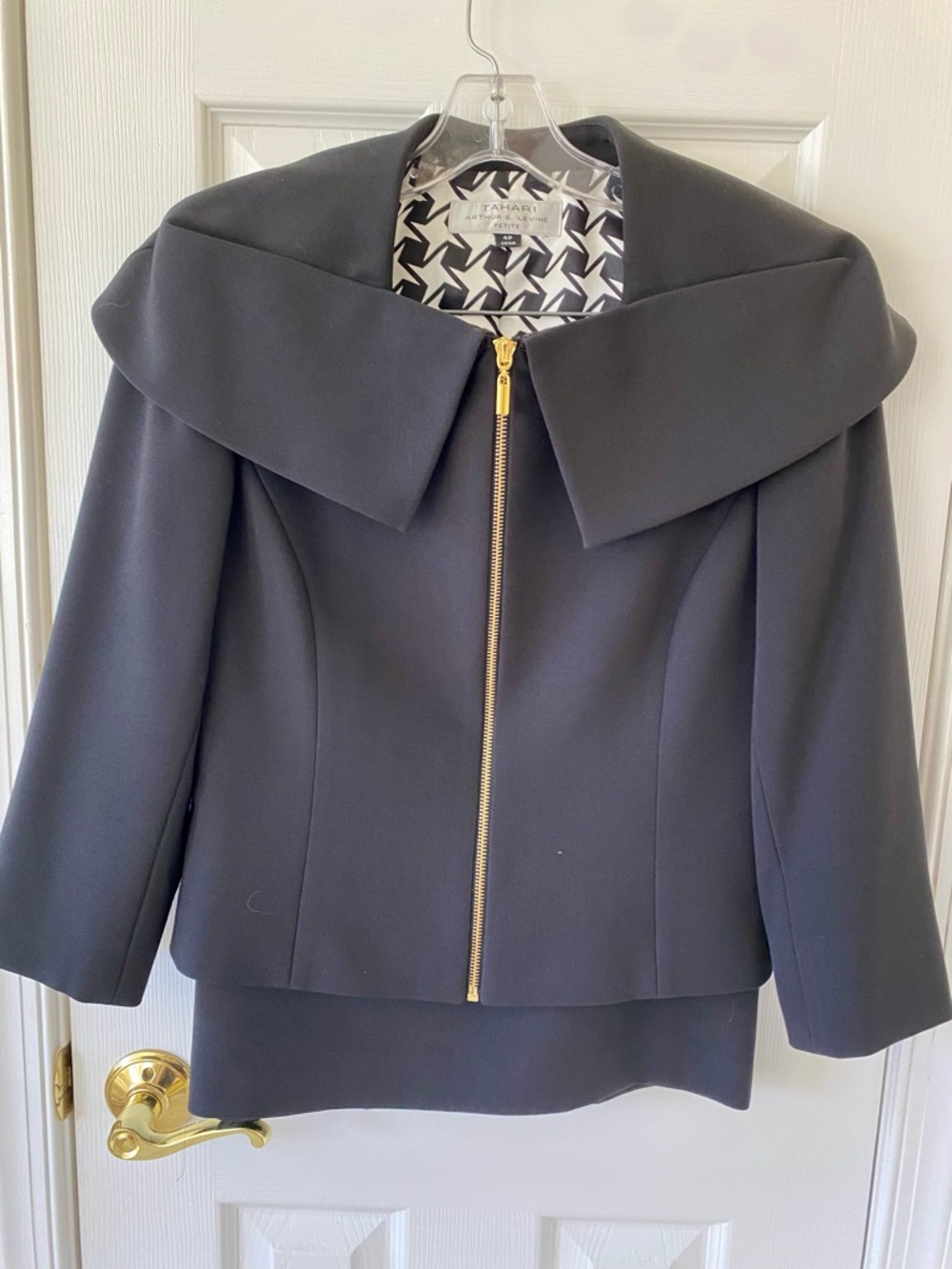 Tahari Black Wide-Collar Zip Suit with Gold Hardware and Black Pencil Skirt